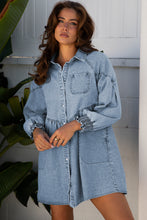 Load image into Gallery viewer, Beau Blue Smocked Cuffs Flared Denim Shirt Mini Dress
