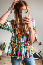 Load image into Gallery viewer, Multicolour Floral Print Bubble Sleeve V Neck Ruffled Blouse
