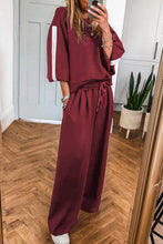 Load image into Gallery viewer, Burgundy Varsity Striped 3/4 Sleeve Pullover Drawstring Sweatpants Set
