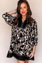 Load image into Gallery viewer, Black 3/4 Sleeve Botanical Print Split Neck Loose Mini Dress
