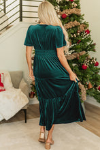 Load image into Gallery viewer, Evergreen Velvet Short Sleeve Shirred Waist Tiered Maxi Dress
