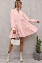 Load image into Gallery viewer, Pink Frilled Stand Collar Long Sleeve Ruffle Dress
