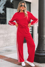 Load image into Gallery viewer, Fiery Red Varsity Striped Detail Crewneck Pullover Elastic Sweatpants 2pcs Outfit
