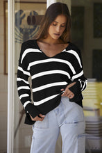 Load image into Gallery viewer, Black Caped V Neck Slit Sleeve Striped/Solid Sweater
