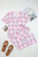 Load image into Gallery viewer, Pink Santa Claus Print V Neck Tee Drawstring Pants 2pcs Lounge Set
