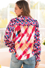 Load image into Gallery viewer, Rose Red Abstract Geometric Pattern Patchwork Puff Sleeve Blouse
