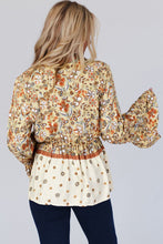 Load image into Gallery viewer, Yellow Printed Floral Bell Sleeve V Neck Wrapped Contrast Peplum Blouse
