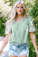 Load image into Gallery viewer, Clearly Aqua Floral Embroidered Puff Sleeve Split Neck Blouse
