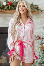Load image into Gallery viewer, Pink Mixed Floral Print Contrast Piping Trim Satin Tie 2pcs Pajama Set
