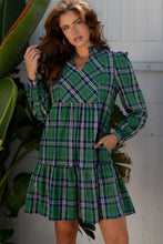 Load image into Gallery viewer, Green Plaid Print Frilly Collar Long Sleeve Shift Mini Dress
