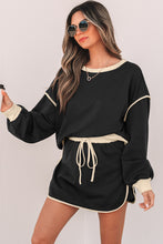 Load image into Gallery viewer, Black Color Contrast Loose Pullover and Lace-up Waist Skort Set
