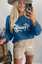 Load image into Gallery viewer, Dusk Blue Howdy Embroidered Graphic Western Sweater
