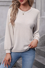 Load image into Gallery viewer, Khaki Stripe Round Neck Drop Shoulder Long Sleeve Top
