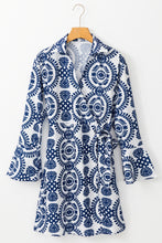 Load image into Gallery viewer, Blue Floral Print V Neck Wrapped Knot Long Sleeve Dress
