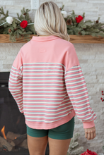 Load image into Gallery viewer, Pink Stripe Buttoned V Neck Collared Drop Shoulder Top
