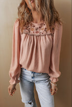 Load image into Gallery viewer, Gossamer Pink Floral Embroidered Textured Flounce Sleeve Elegant Blouse
