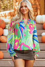 Load image into Gallery viewer, Green Abstract Print Ruffled Sleeve Buttoned V Neck Blouse
