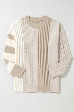 Load image into Gallery viewer, Khaki Cable Knit Colorblock Crew Neck Drop Shoulder Sweater
