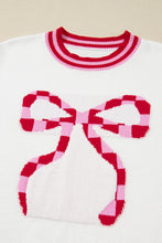 Load image into Gallery viewer, White Striped Trim Bow Graphic Round Neck Drop Shoulder Sweater
