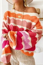 Load image into Gallery viewer, Rose Red Wave Striped Balloon Sleeve Drop Shoulder Sweater

