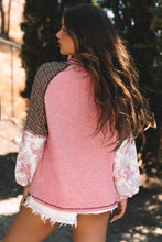 Load image into Gallery viewer, Fushia Mixed Print Raglan Sleeve Ribbed Knit Patchwork Blouse
