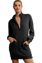 Load image into Gallery viewer, Black Zip up Collared Ribbed Patchwork Sweatshirt Dress with Pockets
