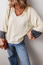 Load image into Gallery viewer, Beige Floral Patchwork Textured Knit Drawstring V Neck Blouse
