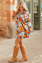 Load image into Gallery viewer, Orange Floral Print Striped Lace V Neck Long Sleeve Mini Dress
