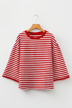 Load image into Gallery viewer, Racing Red Striped Print Drop Shoulder Lace Trim Bracelet Sleeve Loose Top
