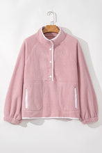 Load image into Gallery viewer, Fushia Stand Neck Half Button Zip Pocket Plush Sweatshirt
