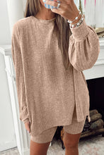 Load image into Gallery viewer, Dark Khaki Ribbed Balloon Sleeve Pullover Top and Biker Knitted Short Set
