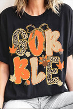Load image into Gallery viewer, Black GOBBLE Leopard Letter Print Turkey Bow Graphic T Shirt
