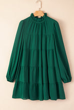 Load image into Gallery viewer, Green Puff Sleeve Mock Neck Back Knot Tiered Dress
