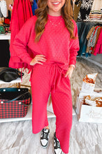 Load image into Gallery viewer, Strawberry Pink Checkered Textured Split Pullover Top and Pants Set
