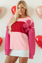 Load image into Gallery viewer, Pink Floral Patch Color Block Striped Sleeve Textured Top

