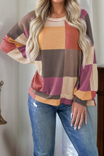 Load image into Gallery viewer, Rose Red Checkered Print Textured Knit Long Sleeve Loose Top
