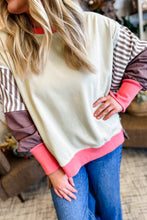 Load image into Gallery viewer, White Color Block Striped Patchwork Dolman Slit Sweatshirt
