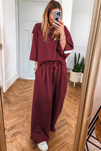 Load image into Gallery viewer, Burgundy Varsity Striped 3/4 Sleeve Pullover Drawstring Sweatpants Set
