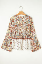 Load image into Gallery viewer, Yellow Printed Floral Bell Sleeve V Neck Wrapped Contrast Peplum Blouse
