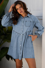 Load image into Gallery viewer, Beau Blue Smocked Cuffs Flared Denim Shirt Mini Dress
