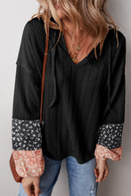 Load image into Gallery viewer, Black Floral Patchwork Textured Knit Drawstring V Neck Blouse
