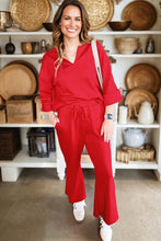 Load image into Gallery viewer, Fiery Red Polo Collar V Neck 3/4 Sleeve Pullover Drawstring Bell Bottom Pants 2pcs Set
