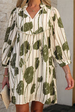 Load image into Gallery viewer, Guacamole Green Floral Striped Print Contrast Piping Puff Sleeve Dress
