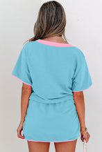 Load image into Gallery viewer, Turquoise Colorblock Edge Drop Shoulder T Shirt and Skort 2Pcs Set
