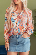 Load image into Gallery viewer, Orange Floral Print Shirred Cuff Buttoned Loose Shirt
