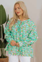 Load image into Gallery viewer, Green Abstract Printed Lace-up Lantern Sleeve Babydoll Blouse
