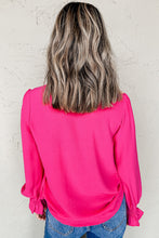 Load image into Gallery viewer, Rose Red Solid Color Shirred Cuff Notch V Neck Blouse
