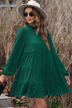 Load image into Gallery viewer, Green Puff Sleeve Mock Neck Back Knot Tiered Dress
