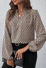 Load image into Gallery viewer, Khaki Geometric Print Notched Neck Puff Sleeve Blouse
