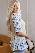 Load image into Gallery viewer, Beige Waffle Floral Patchwork Short Flounce Sleeve Peplum Blouse
